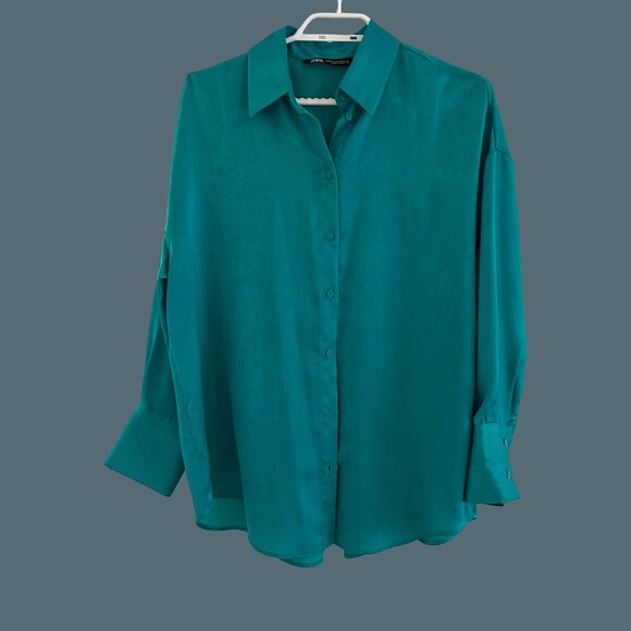 ZARA Satin-Effect Oversized Blouse – XS (Fits S) | Teal Jewel Tone - Picture 1 of 3